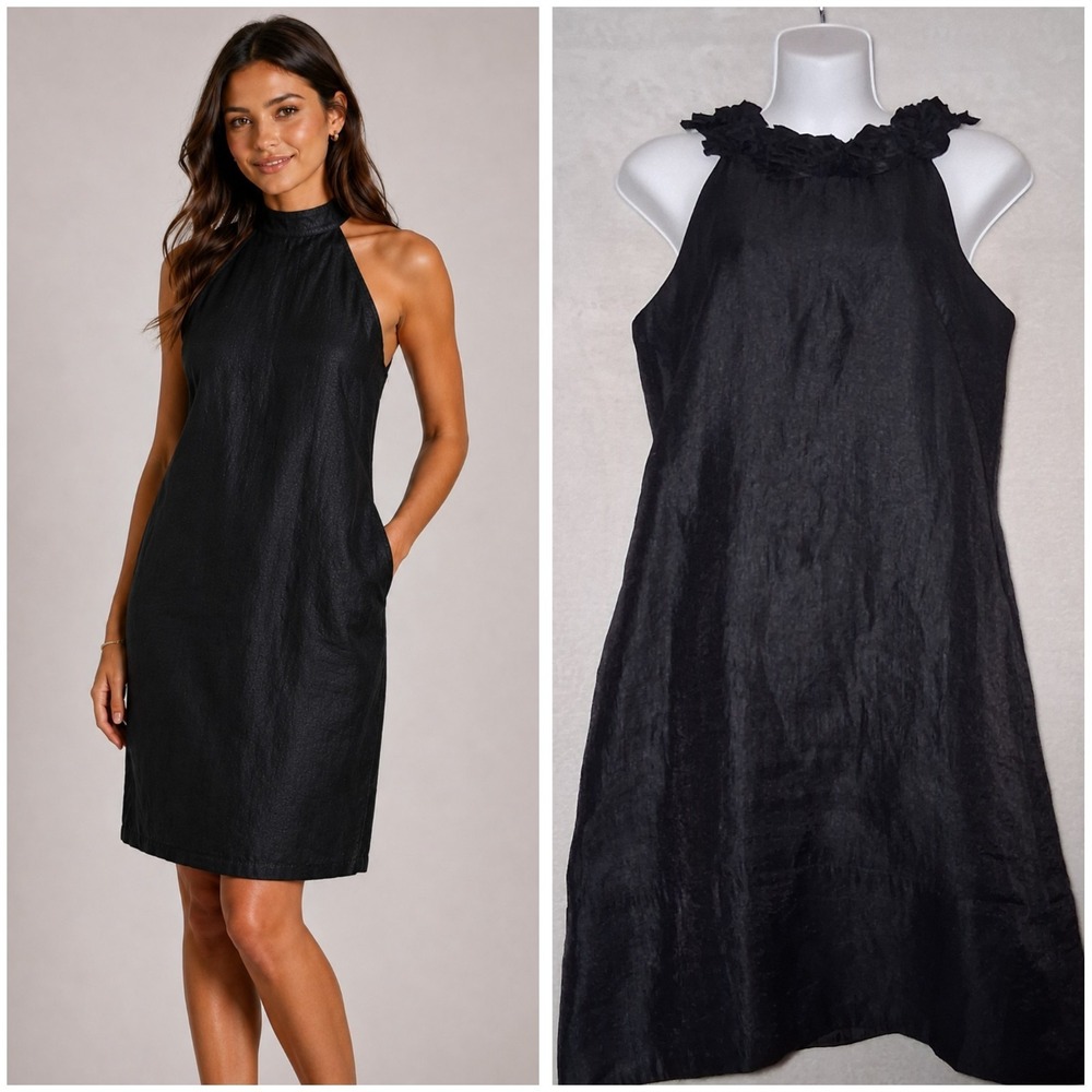 London Times Black Cocktail Dress Size 8 Rosette Neckline Shift Sleeveless